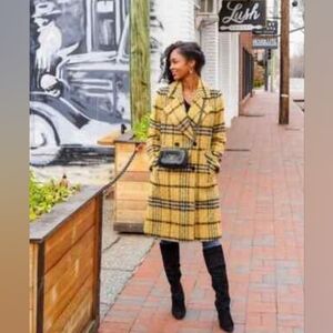 Sam Edelman Oversized Double-Breasted Plaid Walker Coat Yellow